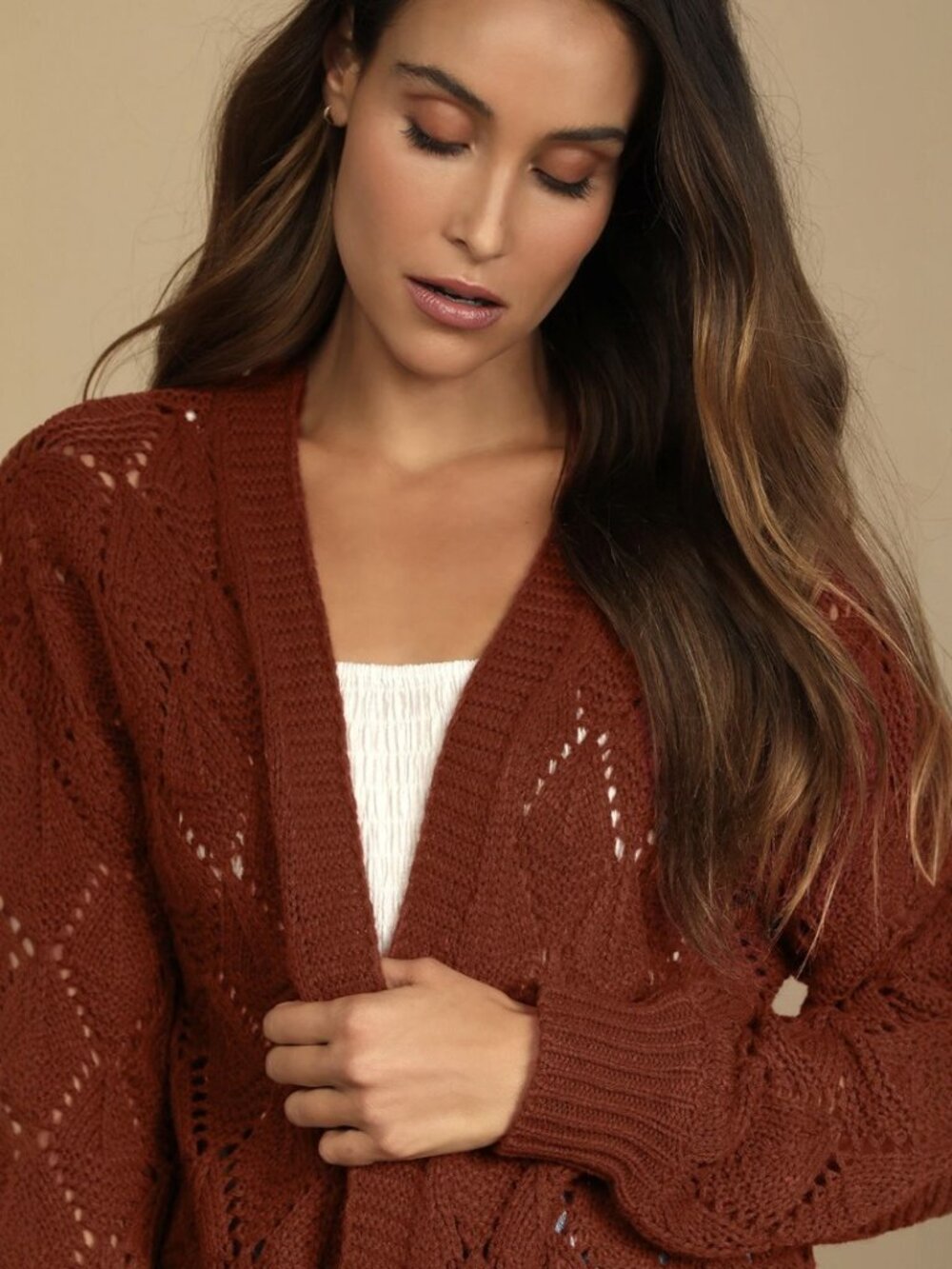 Points to Cozy Rust Red Pointelle Knit Cardigan Sweater NWT - Picture 3 of 8